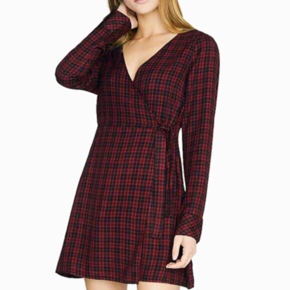 NWT Sanctuary Upbeat Faux Wrap Red Plaid Surplice V-Neck A-Line Mini Dress 8 - Picture 1 of 14